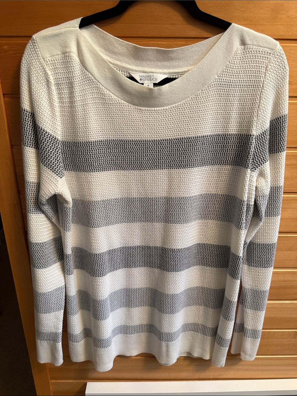 Market & Spruce Cream and Gray Striped Crewneck Sweater